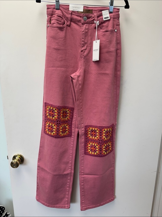Judy Blue Denim - Judy Blue Rose Pink Straight-Leg Jeans with Crochet Knee Squares